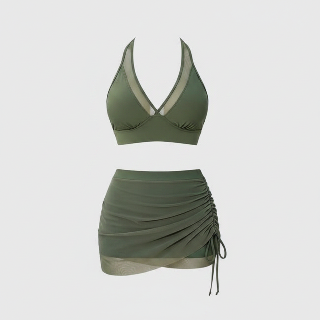 Green V-neck bikini top and ruched swim skirt set