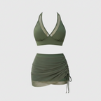 Green V-neck bikini top and ruched swim skirt set