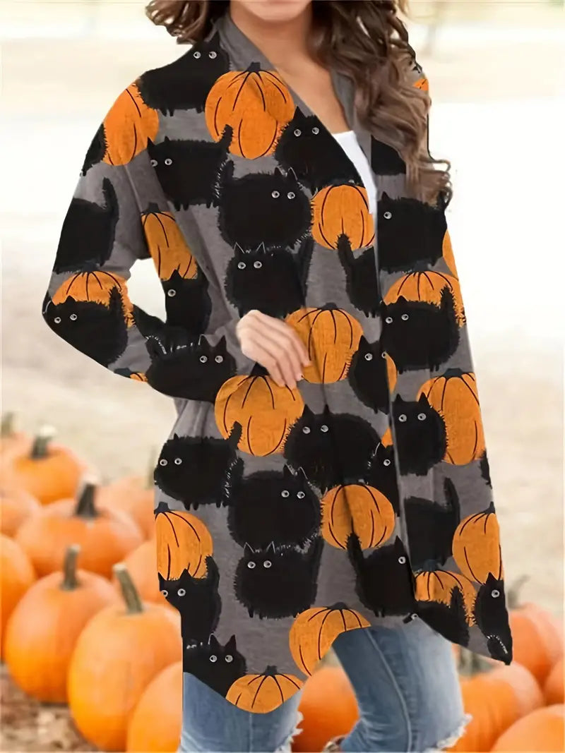 Women's Halloween long-sleeve top with black cat and orange pumpkin pattern