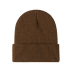 Coffee-brown knitted beanie with ribbed fold-over brim