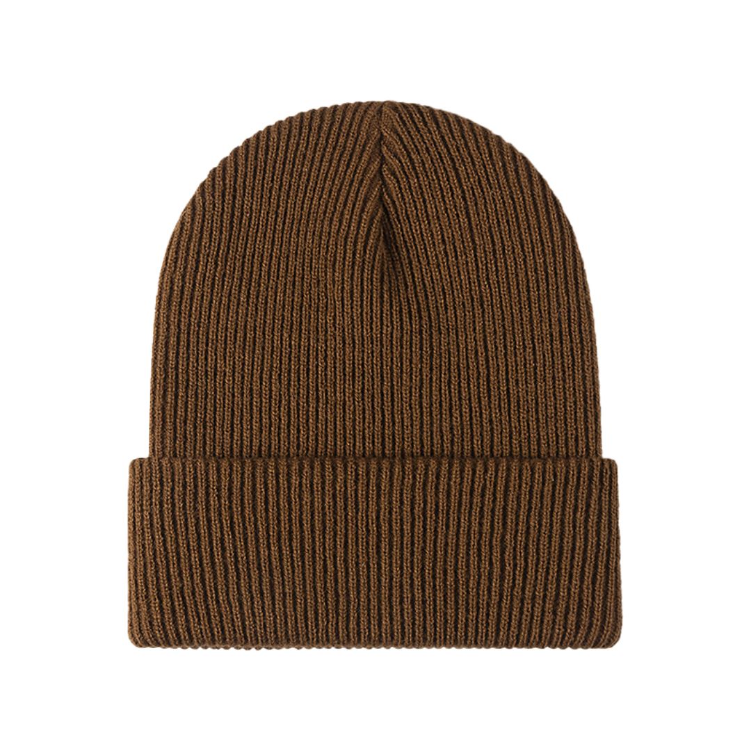 Coffee-brown knitted beanie with ribbed fold-over brim