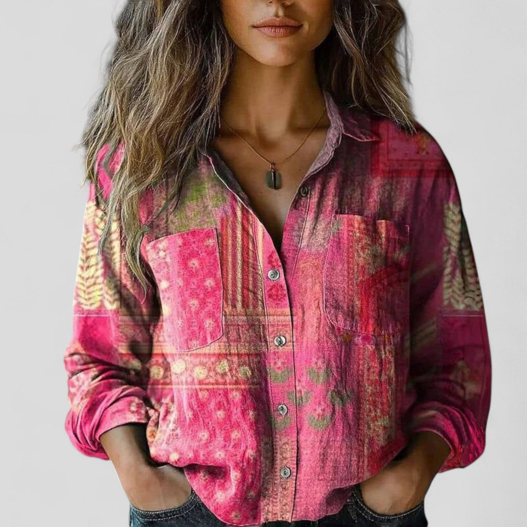 Pink patchwork floral blouse shirt with button front and long sleeves