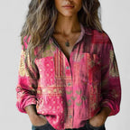 Pink patchwork floral blouse shirt with button front and long sleeves