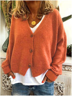 Women's V-neck button cardigan, terracotta orange-red knit with long sleeves