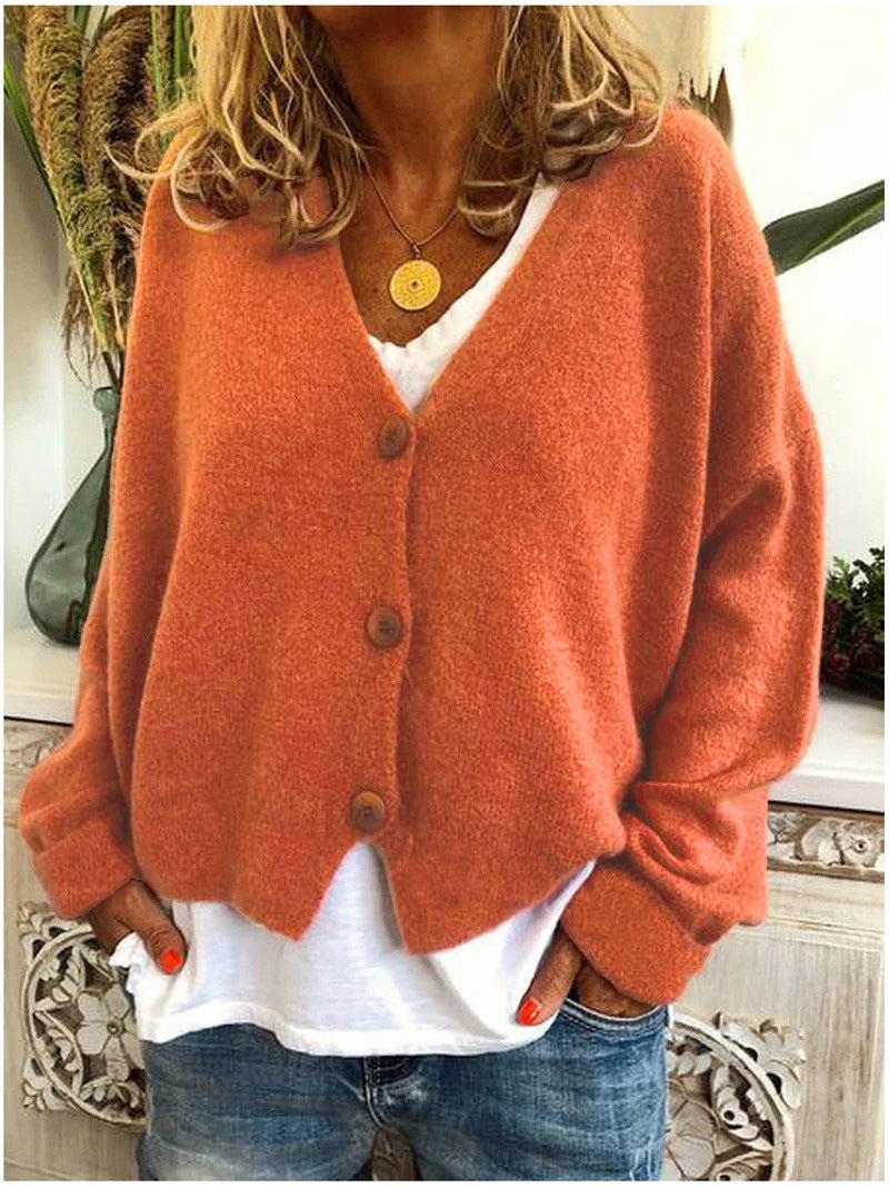 Women's V-neck button cardigan, terracotta orange-red knit with long sleeves