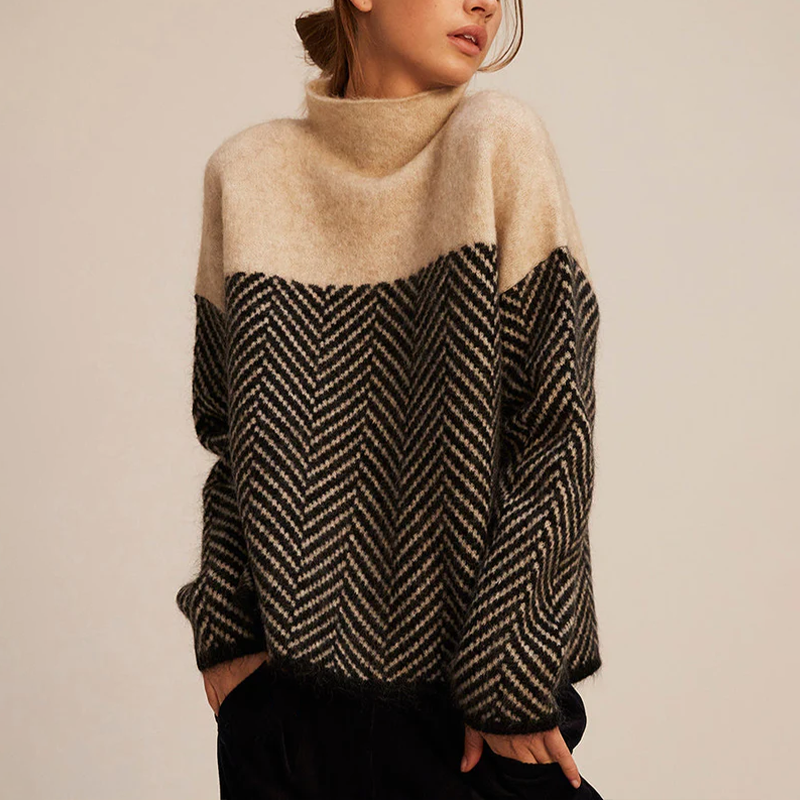 Women’s chevron turtleneck sweater in beige and dark, loose fit, long sleeves