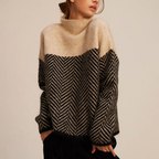 Women’s chevron turtleneck sweater in beige and dark, loose fit, long sleeves