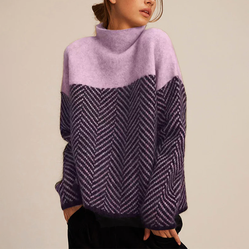 Women’s chevron turtleneck sweater in lavender and navy, loose fit, long sleeves