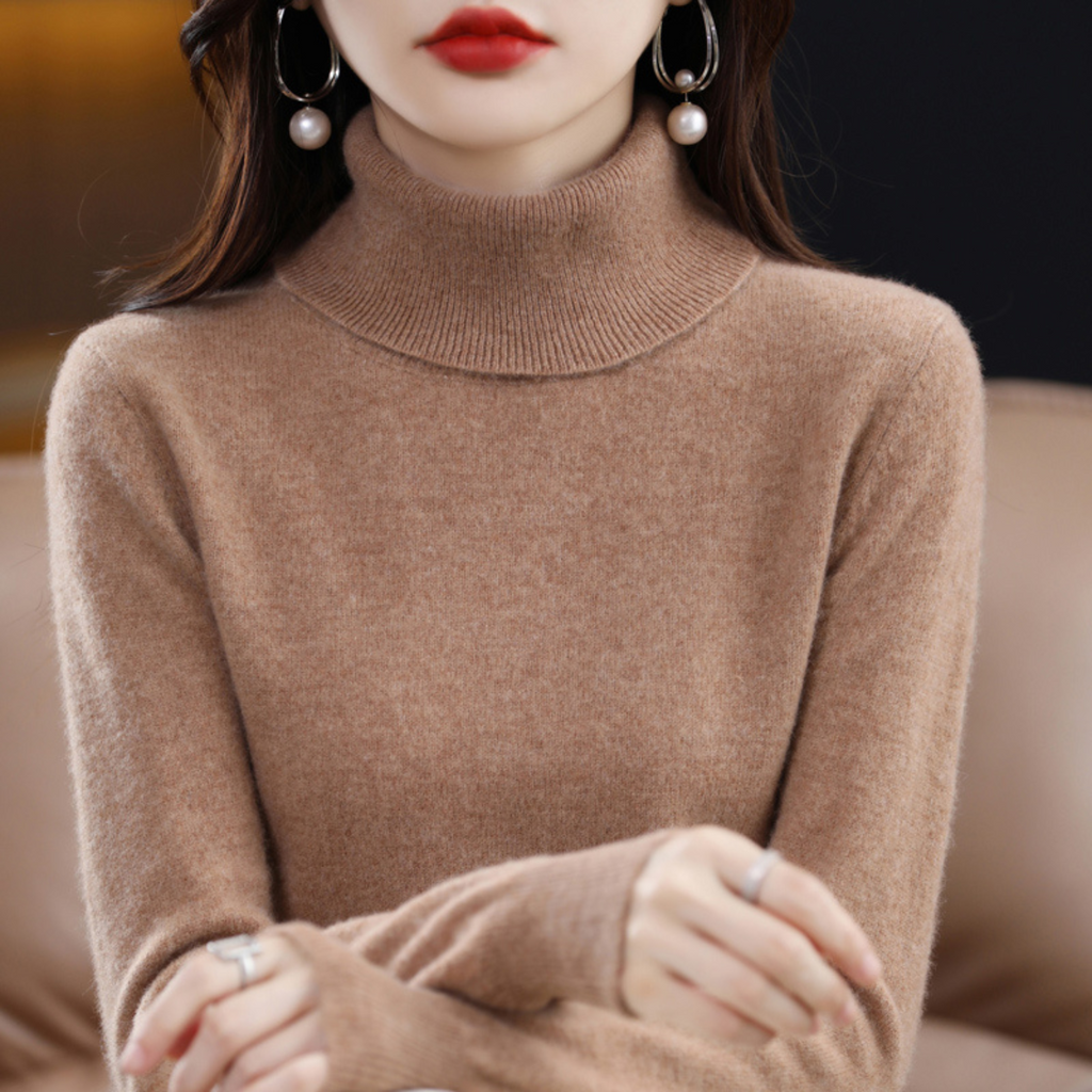 Cashmere turtleneck sweater with long sleeves, taupe brown knit.