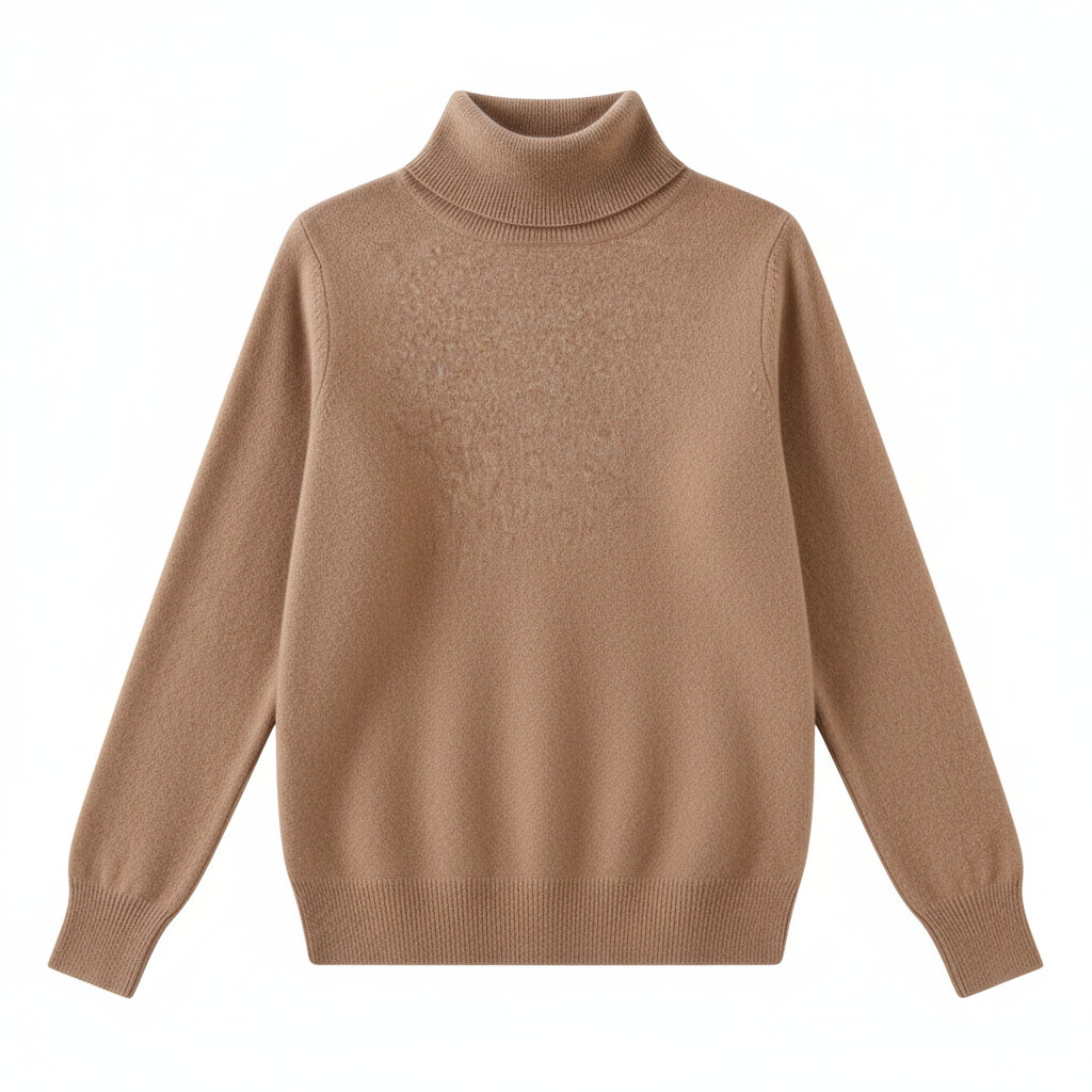 Women’s tan soft-knit turtleneck sweater, regular fit, long sleeves.