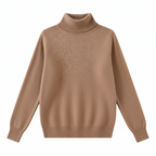 Women’s tan soft-knit turtleneck sweater, regular fit, long sleeves.