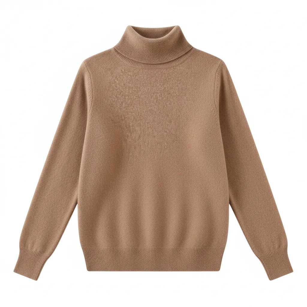 Tan soft knit turtleneck sweater with long sleeves, regular fit