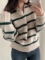 Women’s knit V-neck sweater, beige with dark green and black horizontal stripes