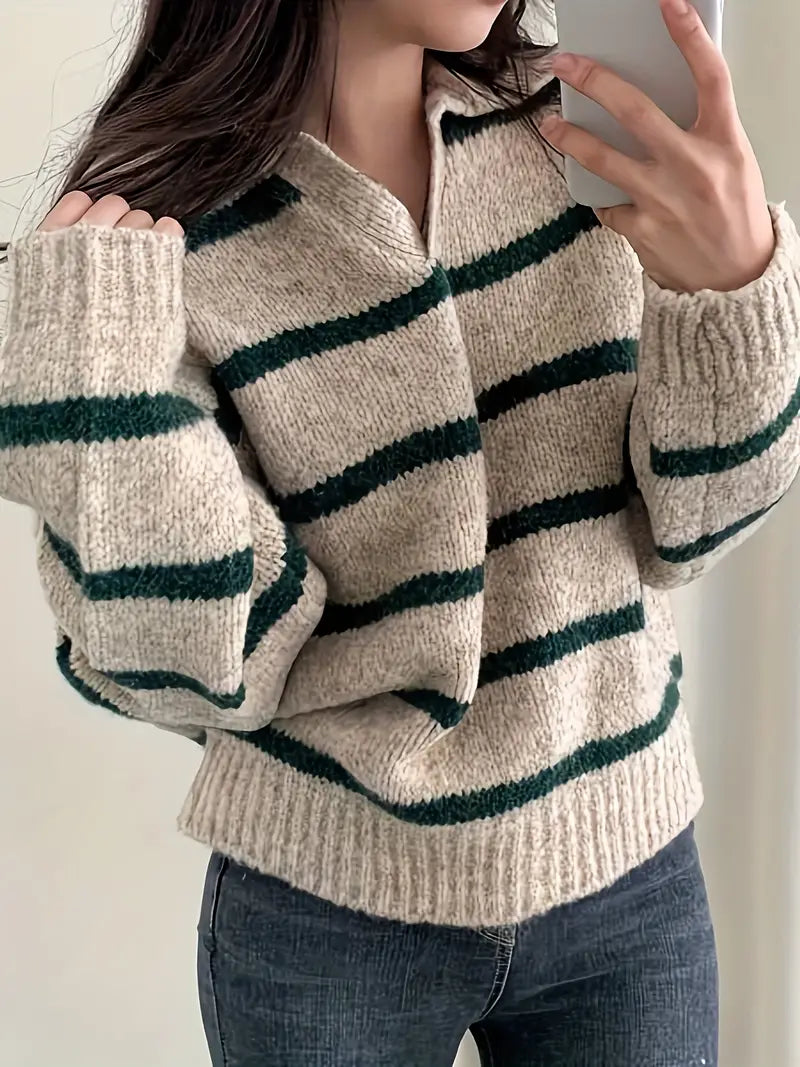 Women’s knit V-neck sweater, beige with dark green and black horizontal stripes