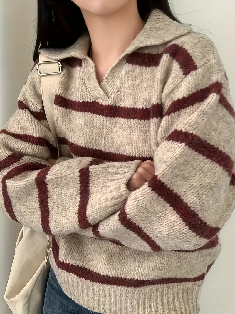 Women’s knit sweater with V-neck, beige base and maroon striped bands