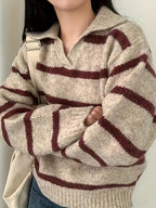 Women’s knit sweater with V-neck, beige base and maroon striped bands