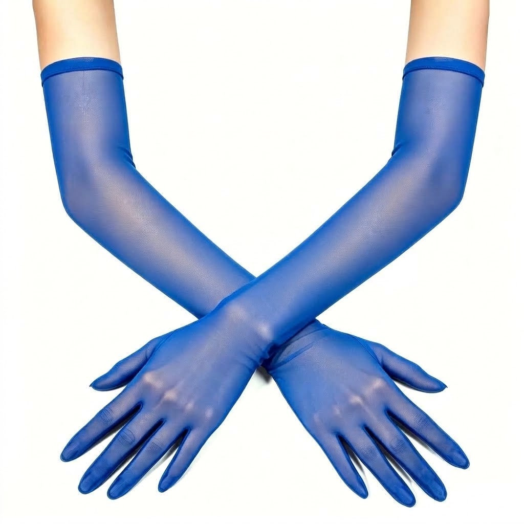 Sheer mesh elbow-length gloves in royal blue, with smooth fitted wrist cuffs