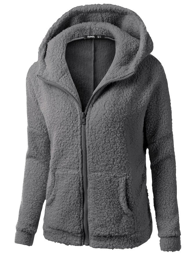 Women's soft fleece zip hoodie with hood, dark gray; front view with zipper.