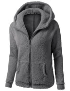 Women's soft fleece zip hoodie with hood, dark gray; front view with zipper.