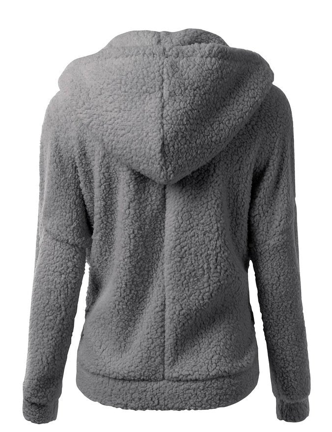 Women's soft fleece zip hoodie, charcoal gray; back view with attached hood.