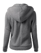 Women's soft fleece zip hoodie, charcoal gray; back view with attached hood.