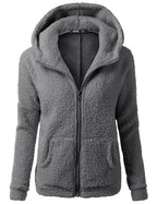 Charcoal gray hooded full-zip sherpa fleece jacket with zip-front closure