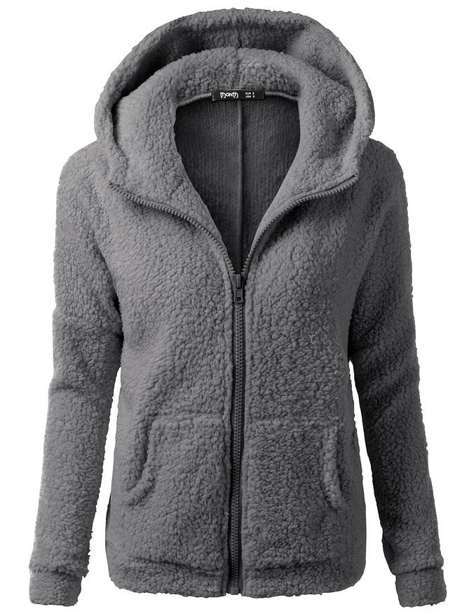 Charcoal gray hooded full-zip sherpa fleece jacket with zip-front closure