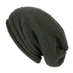Dark gray knitted beanie with textured weave and folded cuff