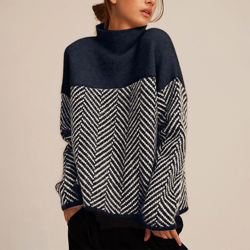 Women’s chevron turtleneck sweater in navy and white, loose fit, long sleeves