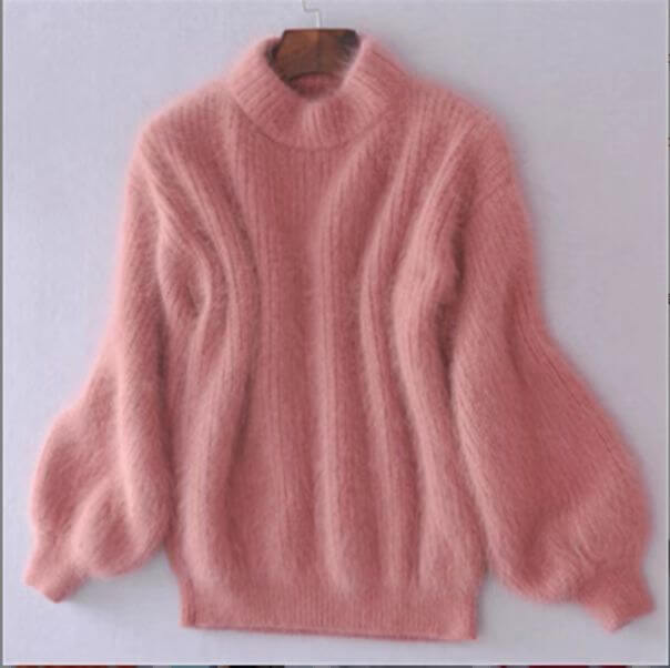 Dusty rose loose knit wool sweater with high neck and oversized long sleeves