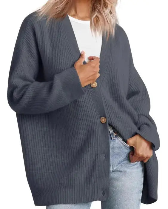 Dark gray cashmere cardigan with V-neck, ribbed knit, button front.
