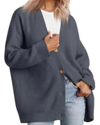 Dark gray cashmere cardigan with V-neck, ribbed knit, button front.