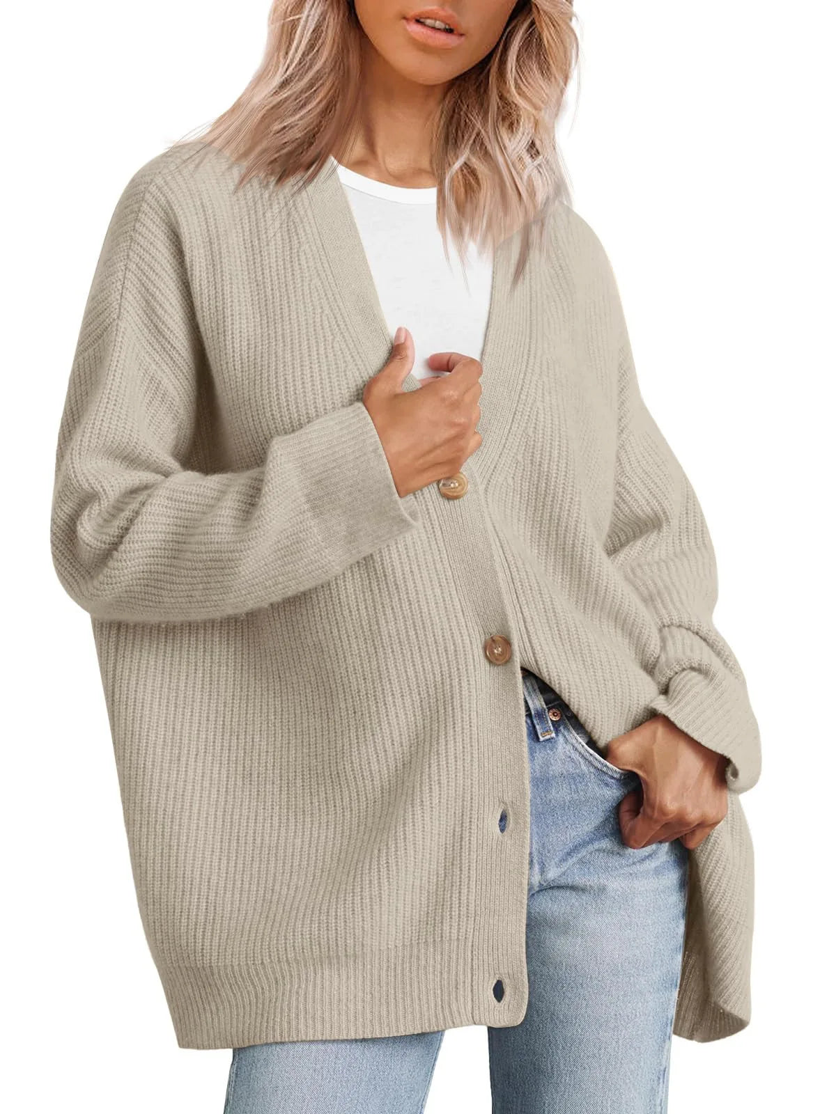 Light beige cashmere cardigan with V-neck, ribbed knit, button front.