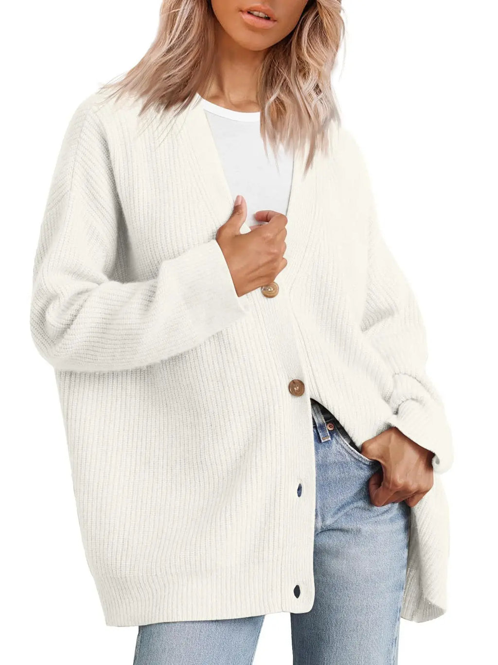 Women's cashmere cardigan, ivory V-neck with button front and ribbed knit texture