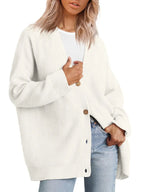 Women's cashmere cardigan, ivory V-neck with button front and ribbed knit texture