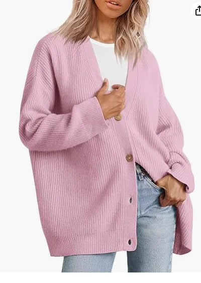 Women's cashmere cardigan, soft pink V-neck with button front and ribbed cuffs