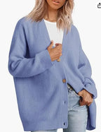 Women's cashmere cardigan, light blue V-neck with button front and ribbed knit cuffs