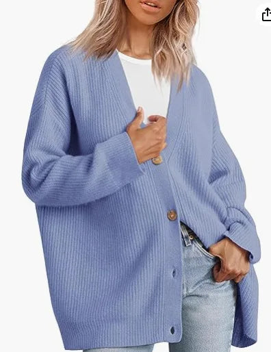 Women's cashmere cardigan, light blue V-neck with button front and ribbed knit cuffs