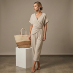 Women’s light beige V-neck jumpsuit with short sleeves and wrap waist, wide cropped pant legs