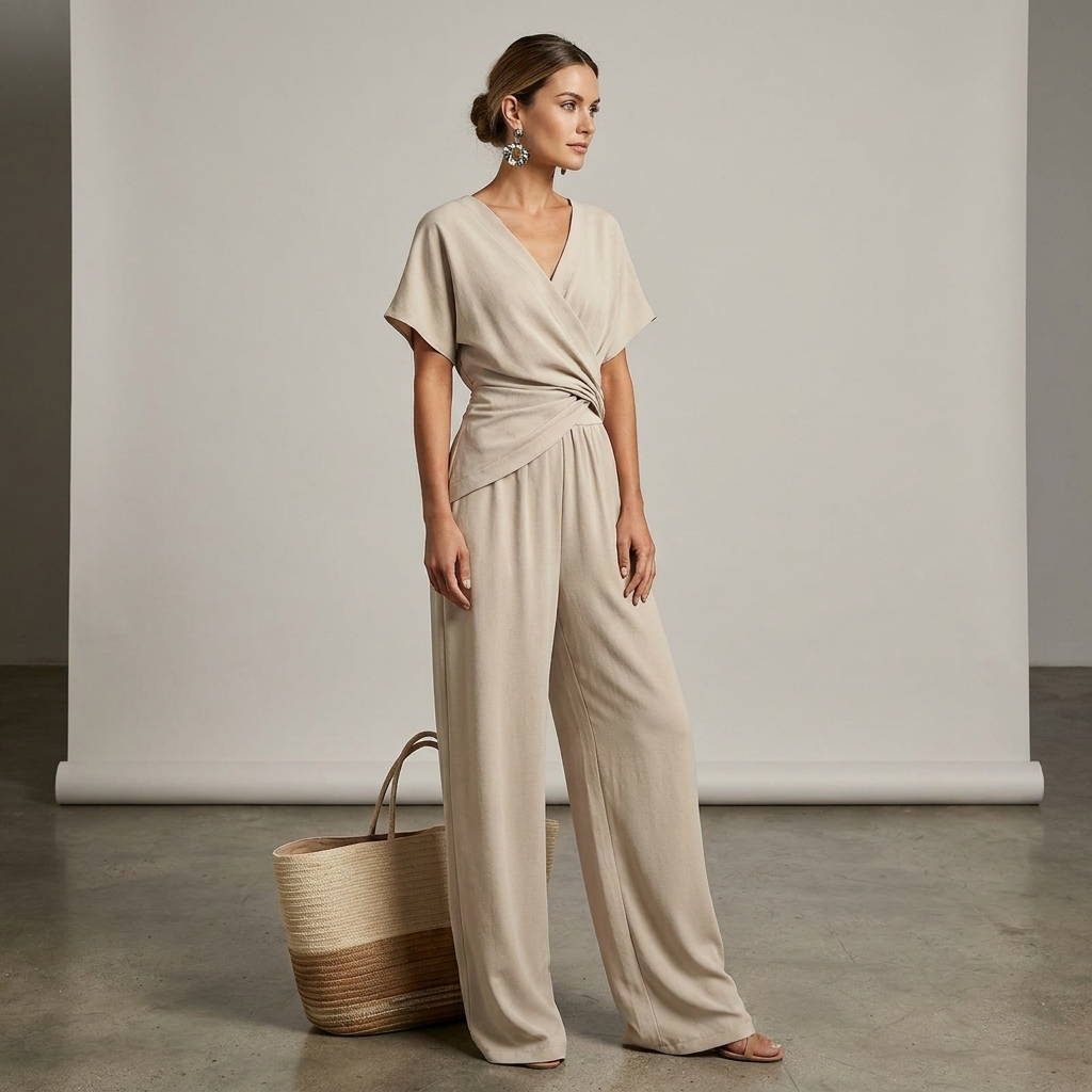 Women’s taupe jumpsuit with V-neck, short sleeves, wrap front tie waist, wide cropped pant legs