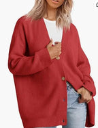 Red cashmere cardigan with V-neck, ribbed knit, button front.