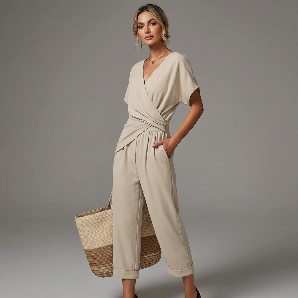Women’s light beige jumpsuit with V-neck, short sleeves, wrap front tie waist, wide cropped legs
