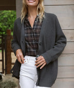 Women's cashmere cardigan, dark gray V-neck with button front and ribbed cuffs