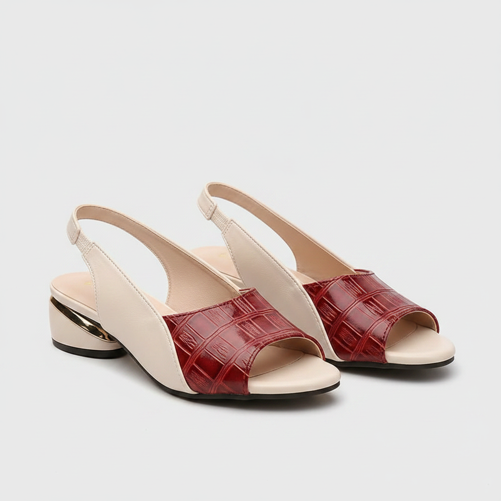 Red open-toe wedge sandals with supportive wide heel and cream straps