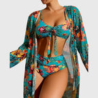 Teal and multicolor floral halter bikini top with knot front, high-waist briefs