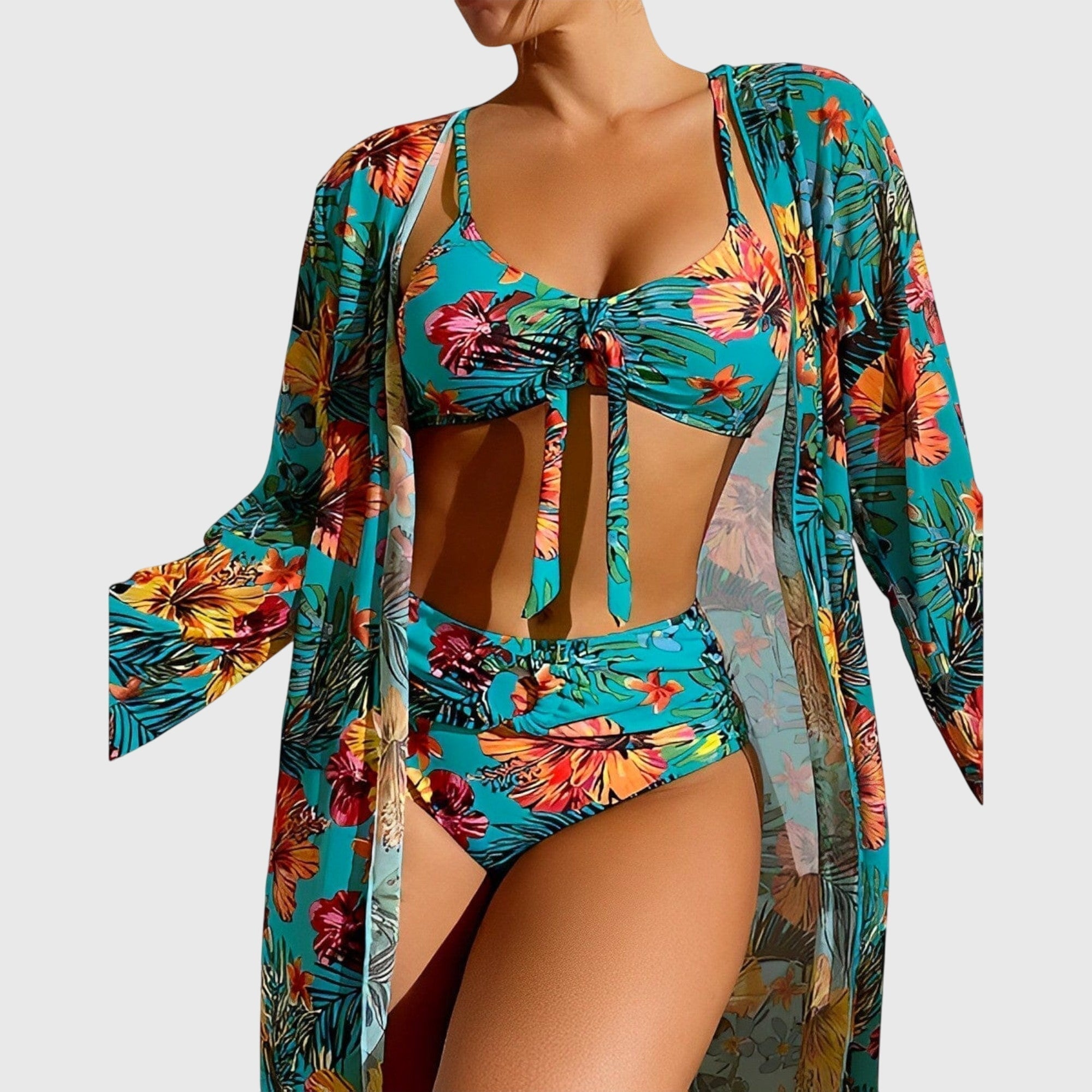Teal and multicolor floral halter bikini top with knot front, high-waist briefs