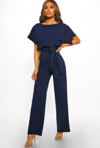 Women's high-waist jumpsuit, dark blue wide-leg with tie belt and short sleeves