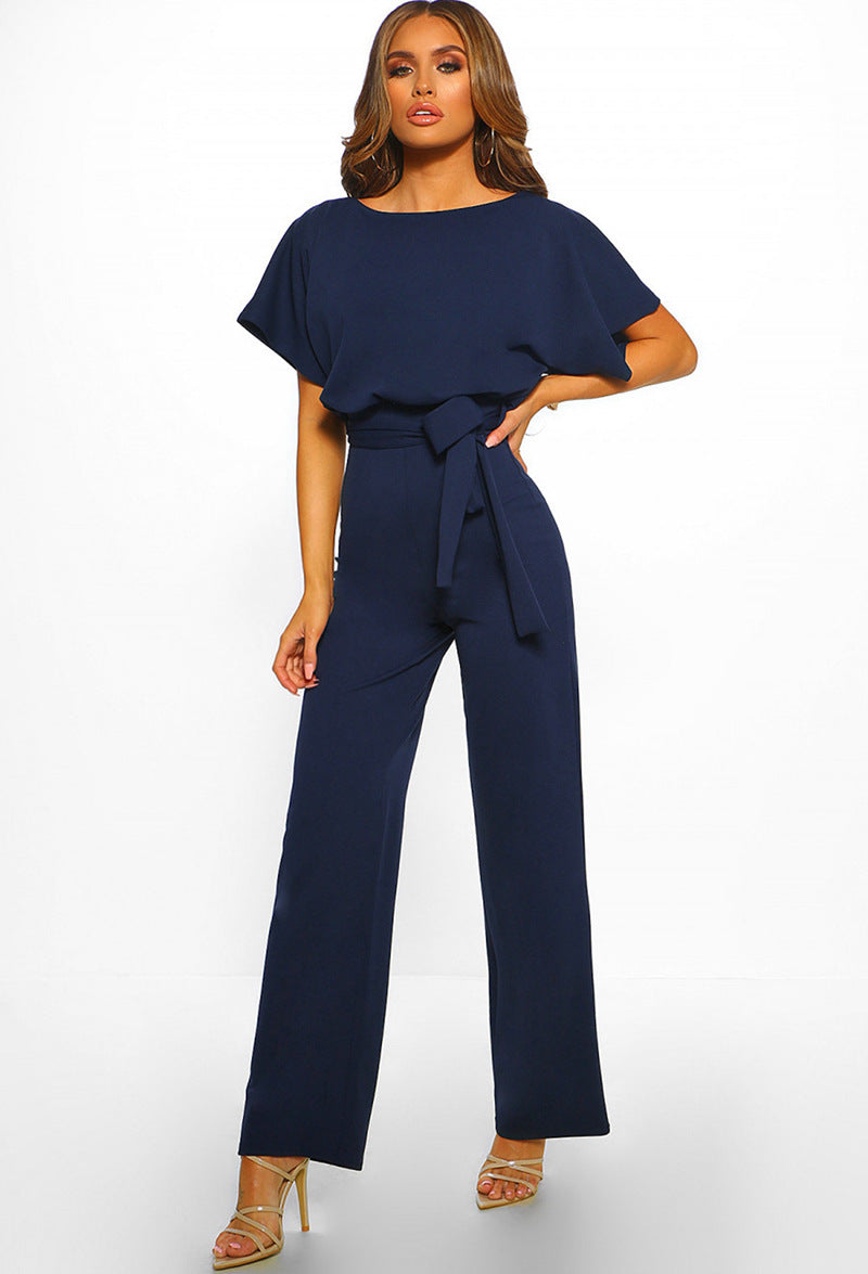 Women's high-waist jumpsuit, dark blue wide-leg with tie belt and short sleeves
