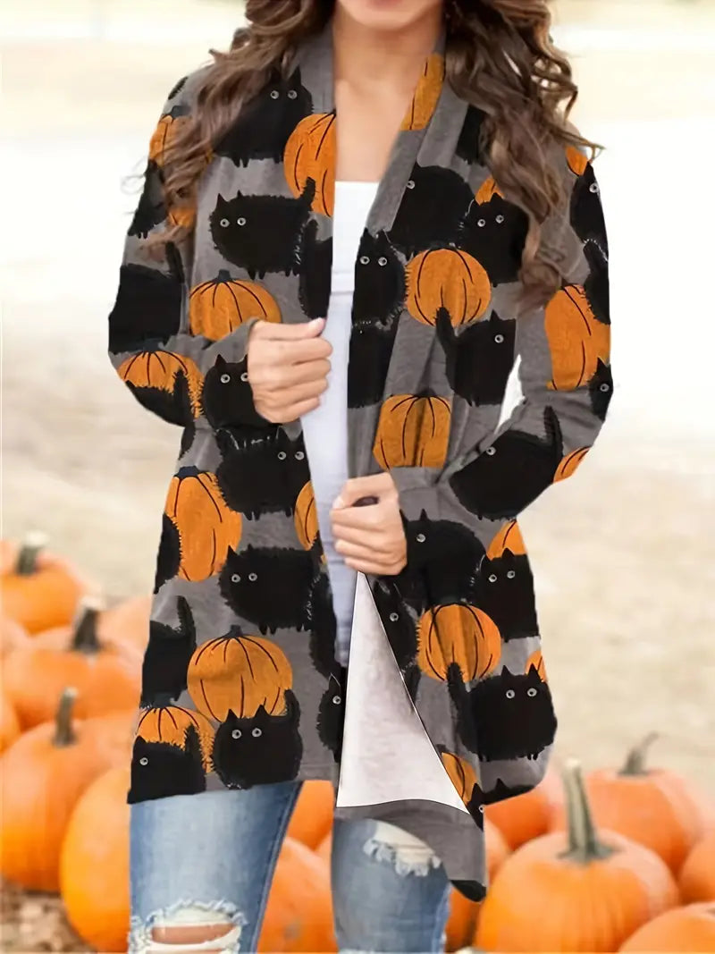 Women's Halloween open-front long-sleeve top with black cats and orange pumpkins