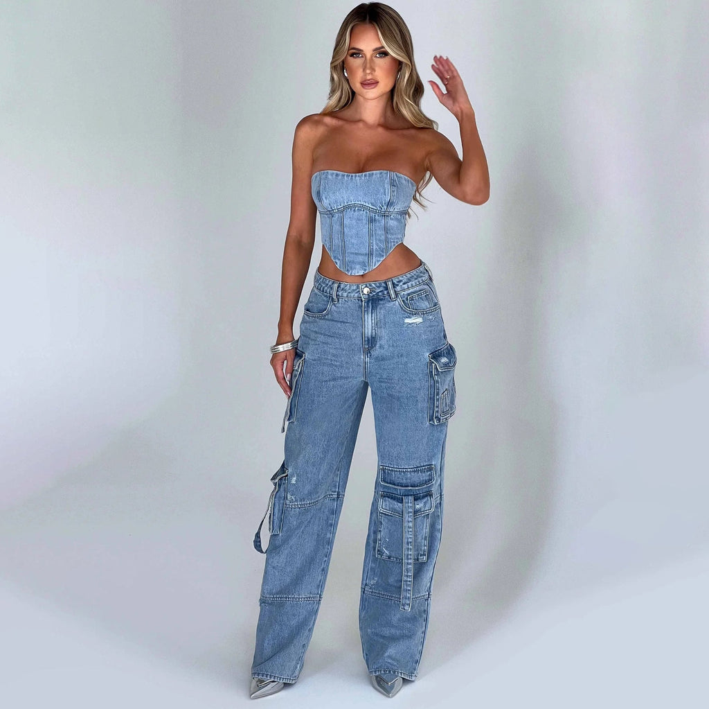 Light blue high-waist cargo jeans with relaxed fit and side utility pockets.